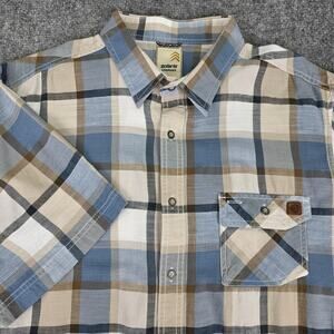 Solaris Outdoors Shirt Mens XL Blue Tan Plaid Lyocell Short Sleeve Hiking Button